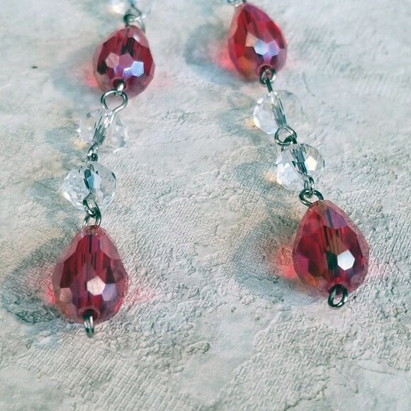 Retro Faceted Cut Crystal Red Clear Beads 5" Long Shoulder Duster Earrings - Picture 6 of 6